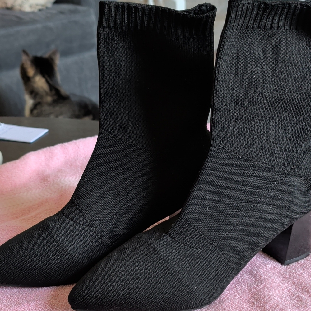 Black Stretch Knit Sock Boots with Block Heel